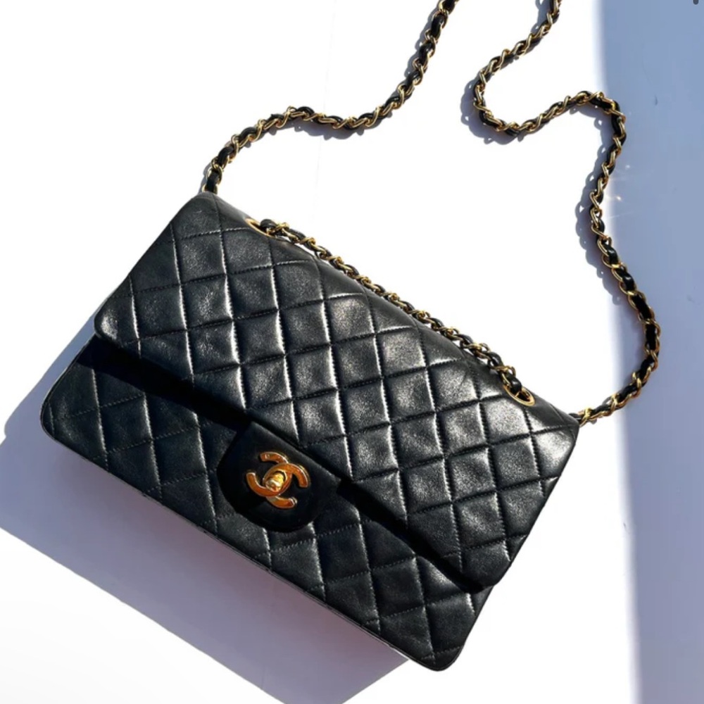 Chanel Classic Vintage Black Matelasse Medium Double Flap Bag
